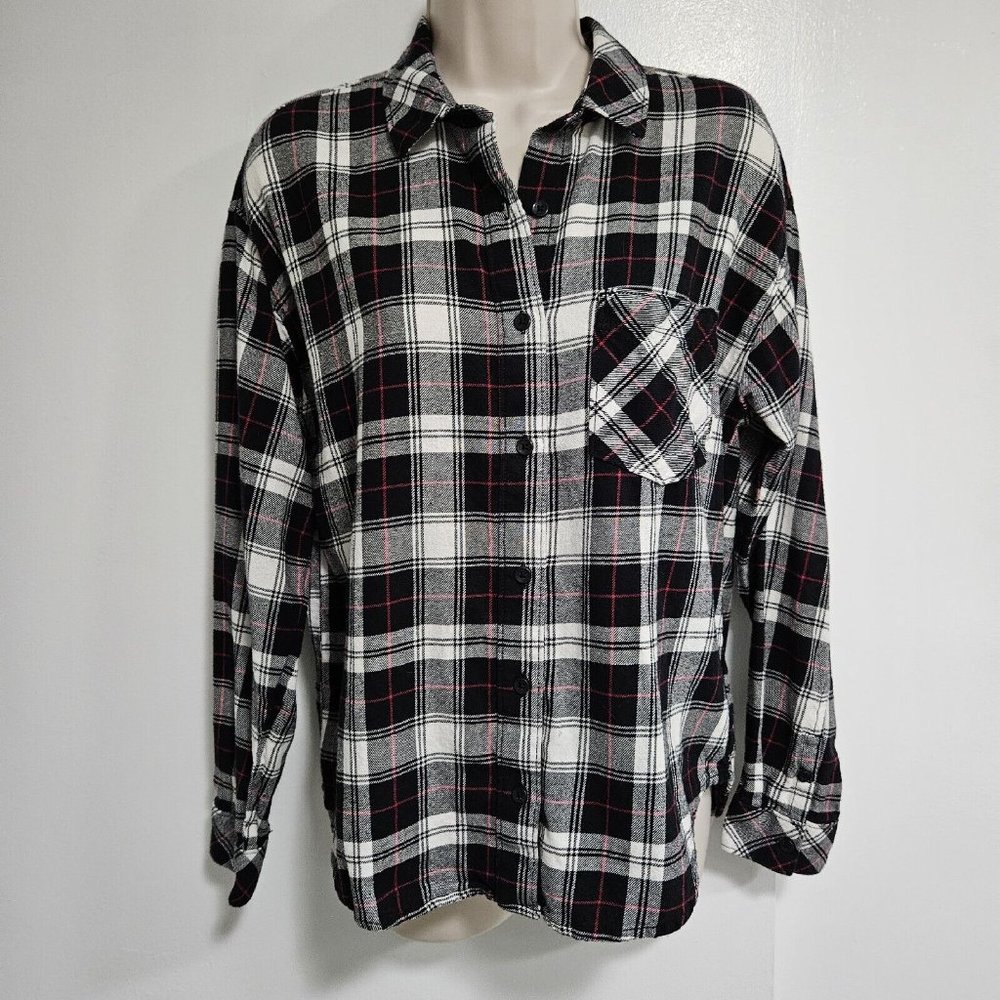 Vans Size S Black White 100% Cotton Plaid‎ Flannel Button-Front Blouse w/ Pocket